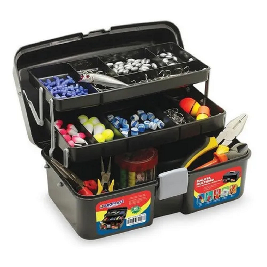Maleta Multiuso Para Pesca, Ferramentas, Parafusos Preta Com 3 Compartimentos