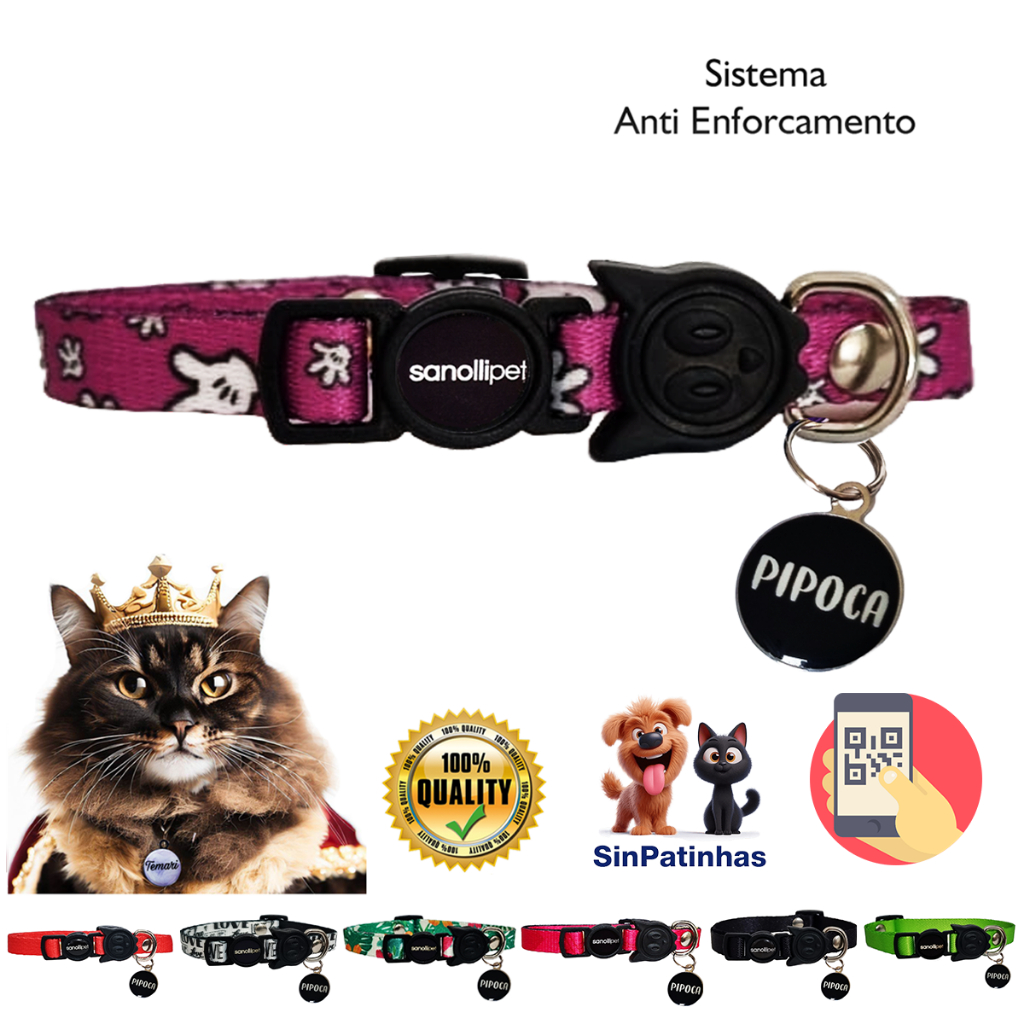 Kit Coleira De Gato Mais Plaquinha Identificação Qr Code SinPatinhas Com Nome E Telefone Roxo Luxo