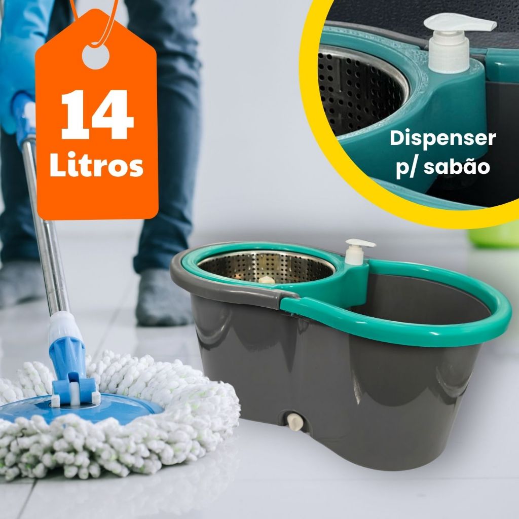 Mop Giratorio Com cabo de 140 cm Cesto Em Inox – Balde Centrífuga com Dispenser