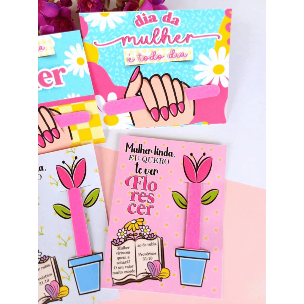 Kit Lembrancinha Cartão Dia das Mulheres Personalizado Mini Lixa 30 50 e 100 unidades Mimo