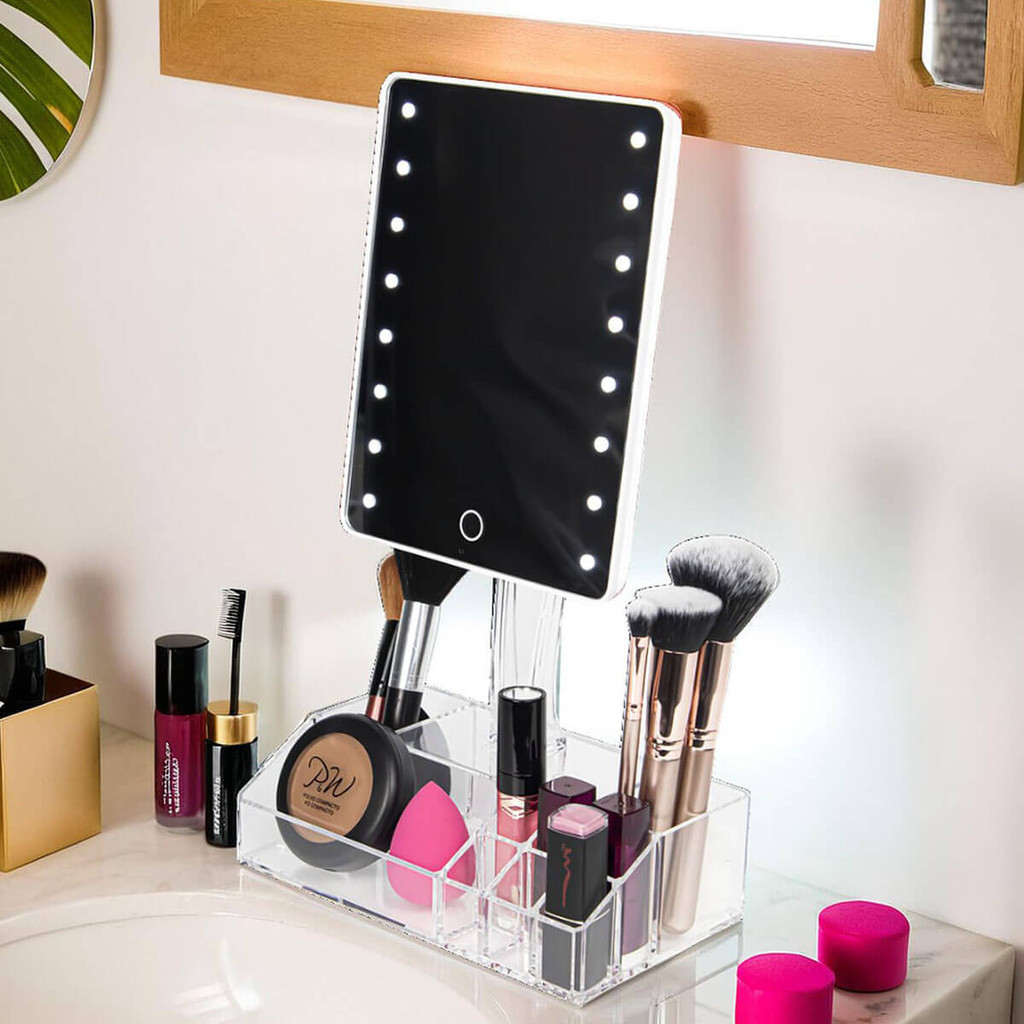 Organizador Maquiagem Cosméticos 9 Nichos Acrílico Premium Com Espelho Led 16 Luzes Touch Regulável