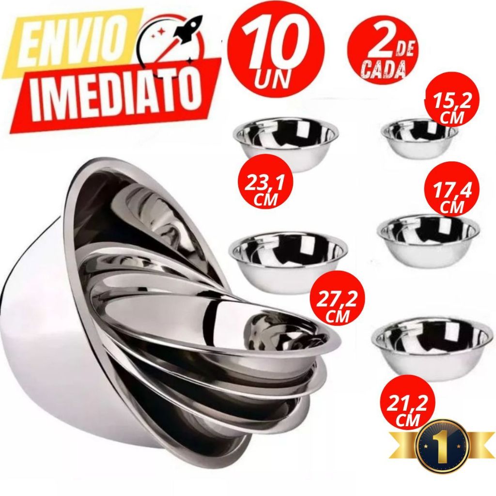 Kit Conjunto 10 Tigelas Bowls Saladeira 27,2 , 23,1 , 21,2 17,4 e 15,2CM Em Aço Inox Cozinha Restaur