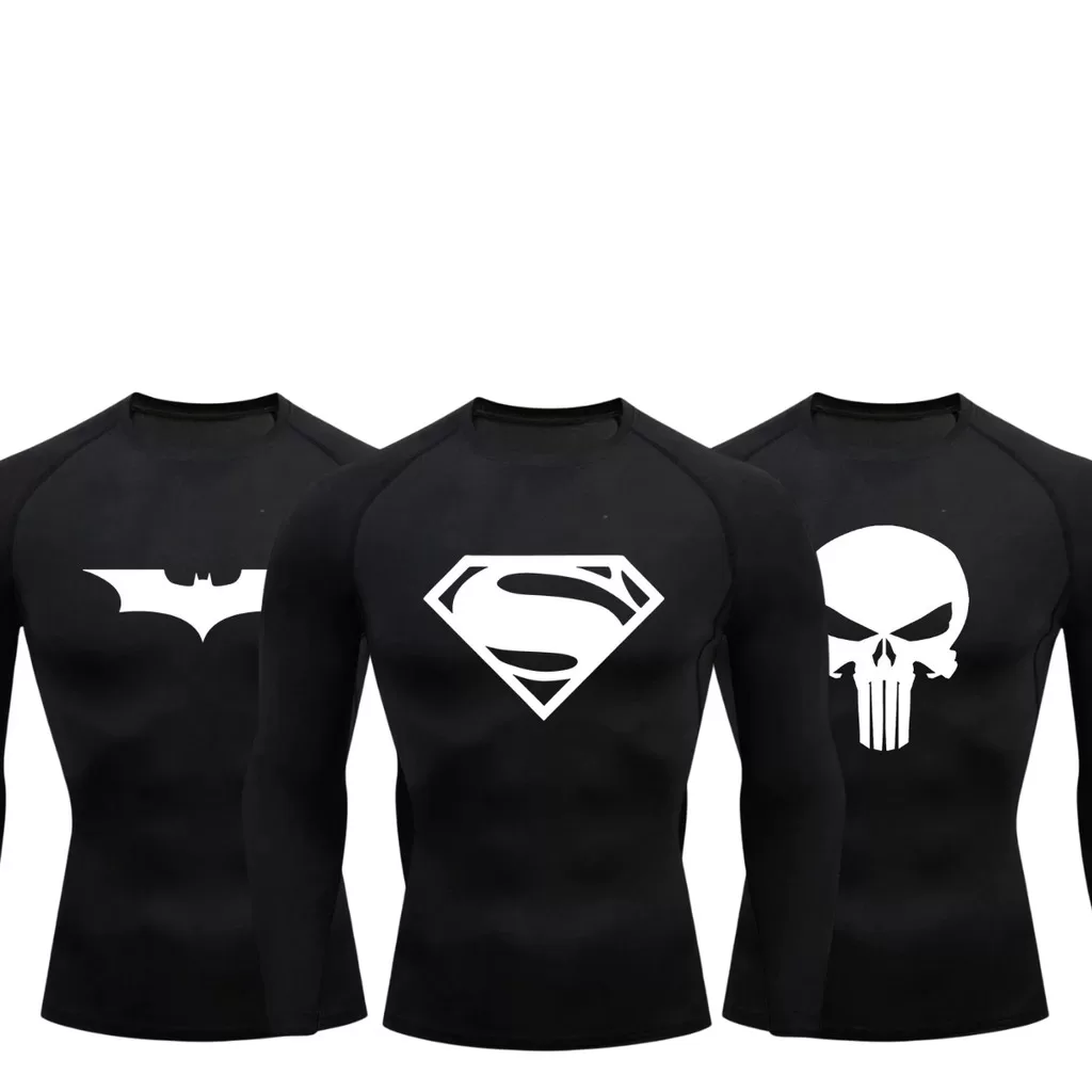 Kit 3 Camisetas Compressão Proteção Uv Estampada Tecido Gelado Segunda Pele Manga Longa Batman Super