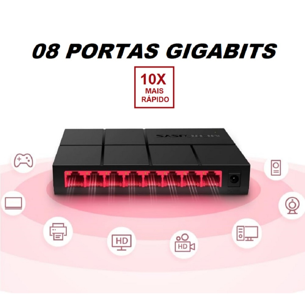 Switch 8 Portas Rj45 Gigabit Rede 10/100/1000mbps Hub Xbox Mercusys ms108g fonte Bivolt Automática