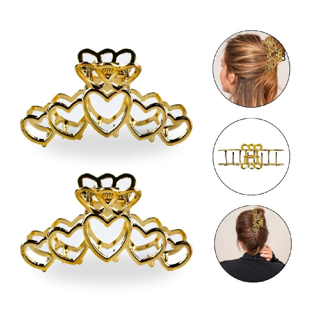 Kit 2 Presilhas de Metal Grande Corações Vazado Dourada Presilha Cabelos Penteado Look Acessório Coq