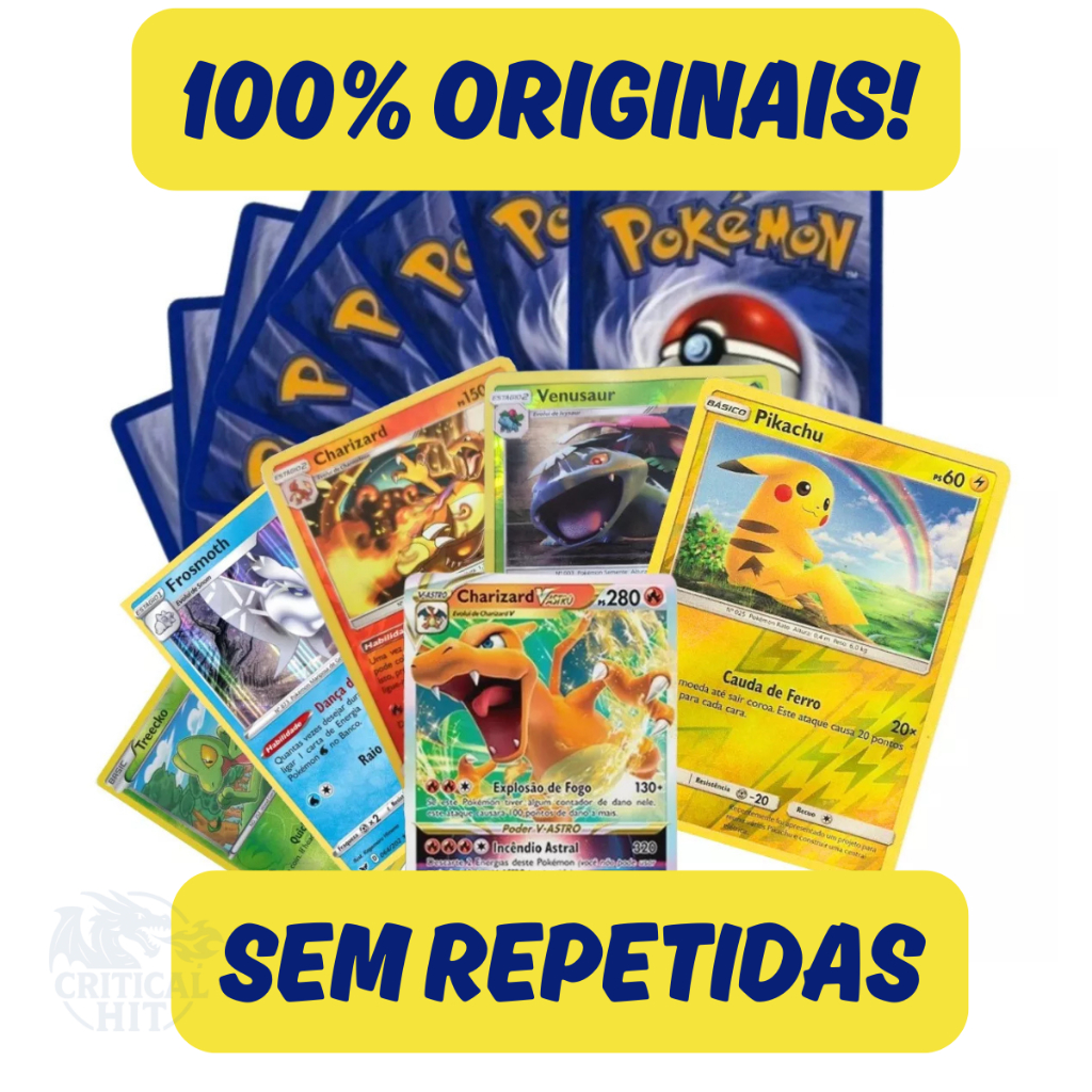 100 Cartas Pokémon Originais 10 Brilhantes e 1 Rara – Sem Cartas repetidas