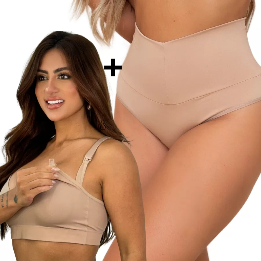 Conjunto Calcinha Pós Parto Cintura Alta e Sutiã Amamentação Confortável Gestante Maternidade