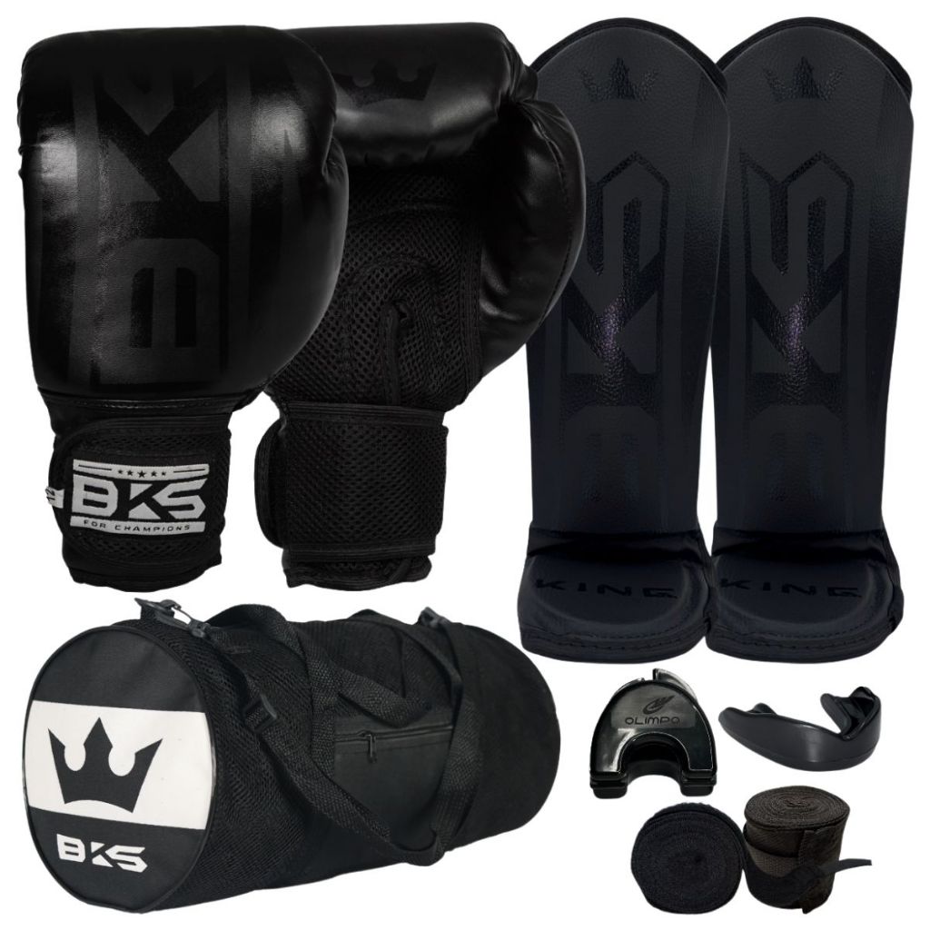 Kit Luva Boxe Muay Thai Kickboxing + Caneleira + Bolsa + Bandagem 3 Metros + Bucal Moldável