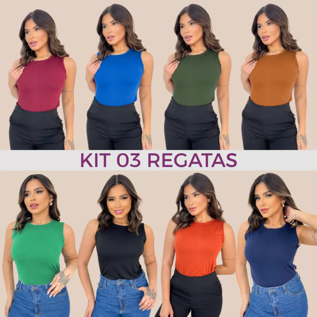 Kit 3 Blusa Regata Feminina Básica Camiseta Alça Larga Casual