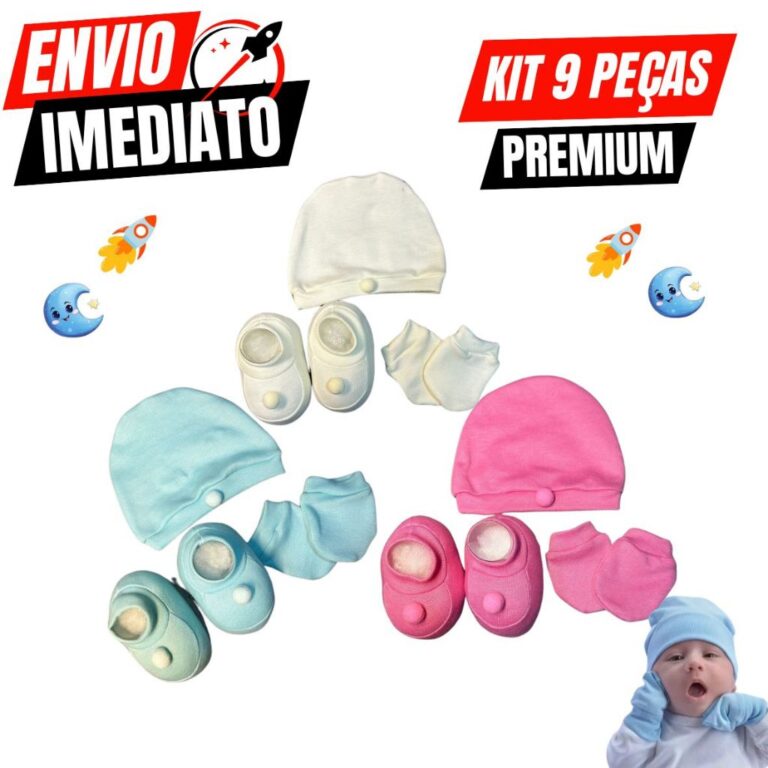 Kit 9 Peças Touca Luva e Sapatinho De Bebê 0 À 