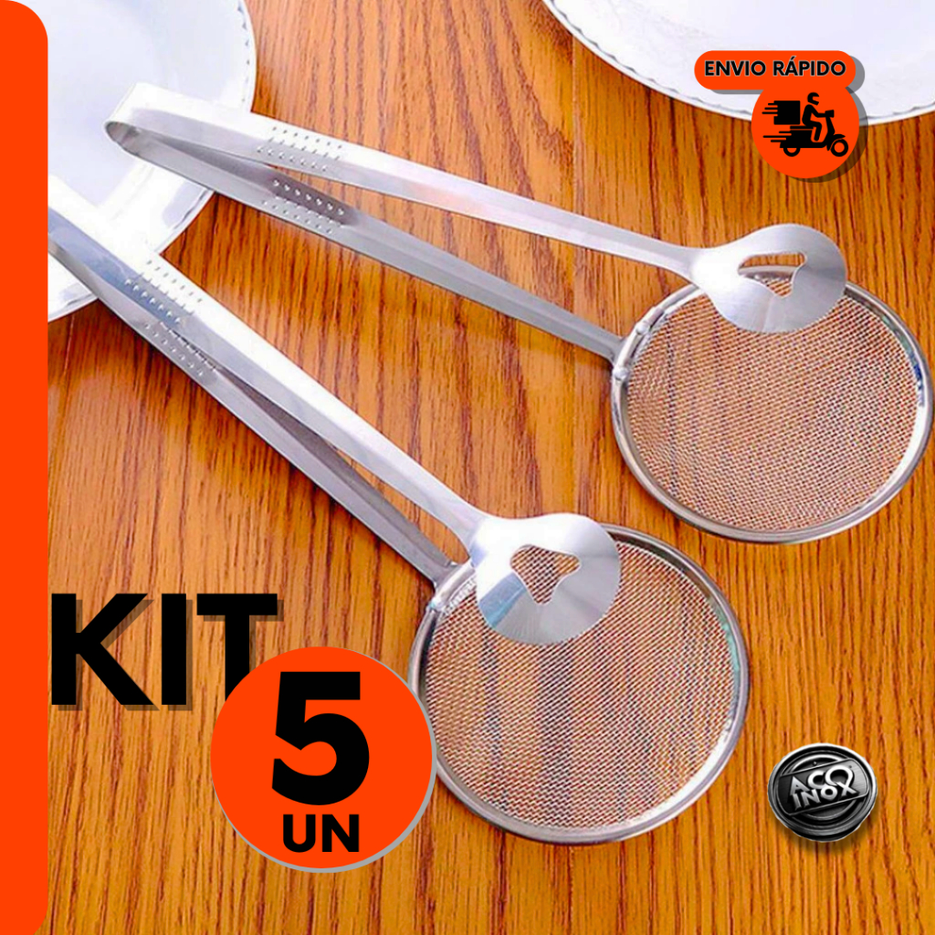 Kit Escumadeira com Pegador Inox P/ Fritura Agua Quente P/ Restaurante Cozinha e Bar