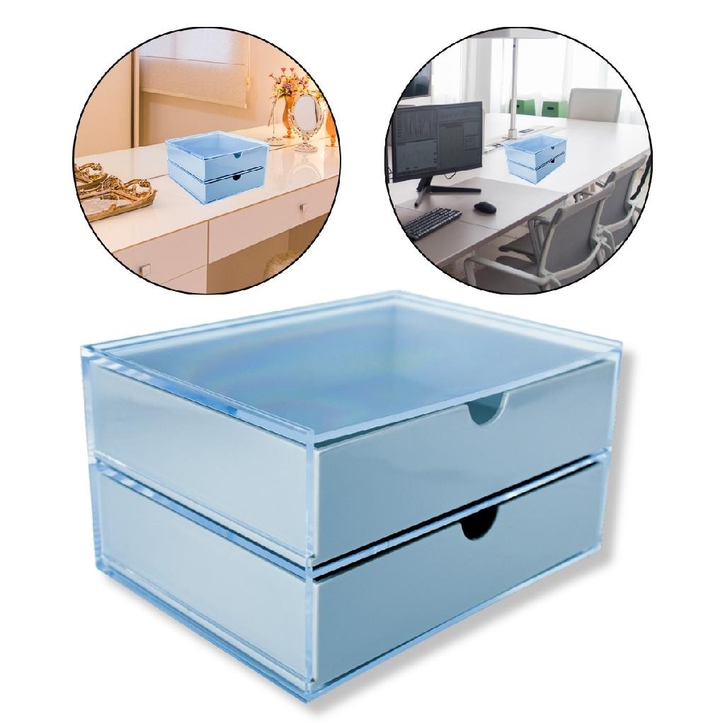 Caixa 2 Gavetas Organizadora Azul Multiuso Escritório Mesa Arquivo Papelaria