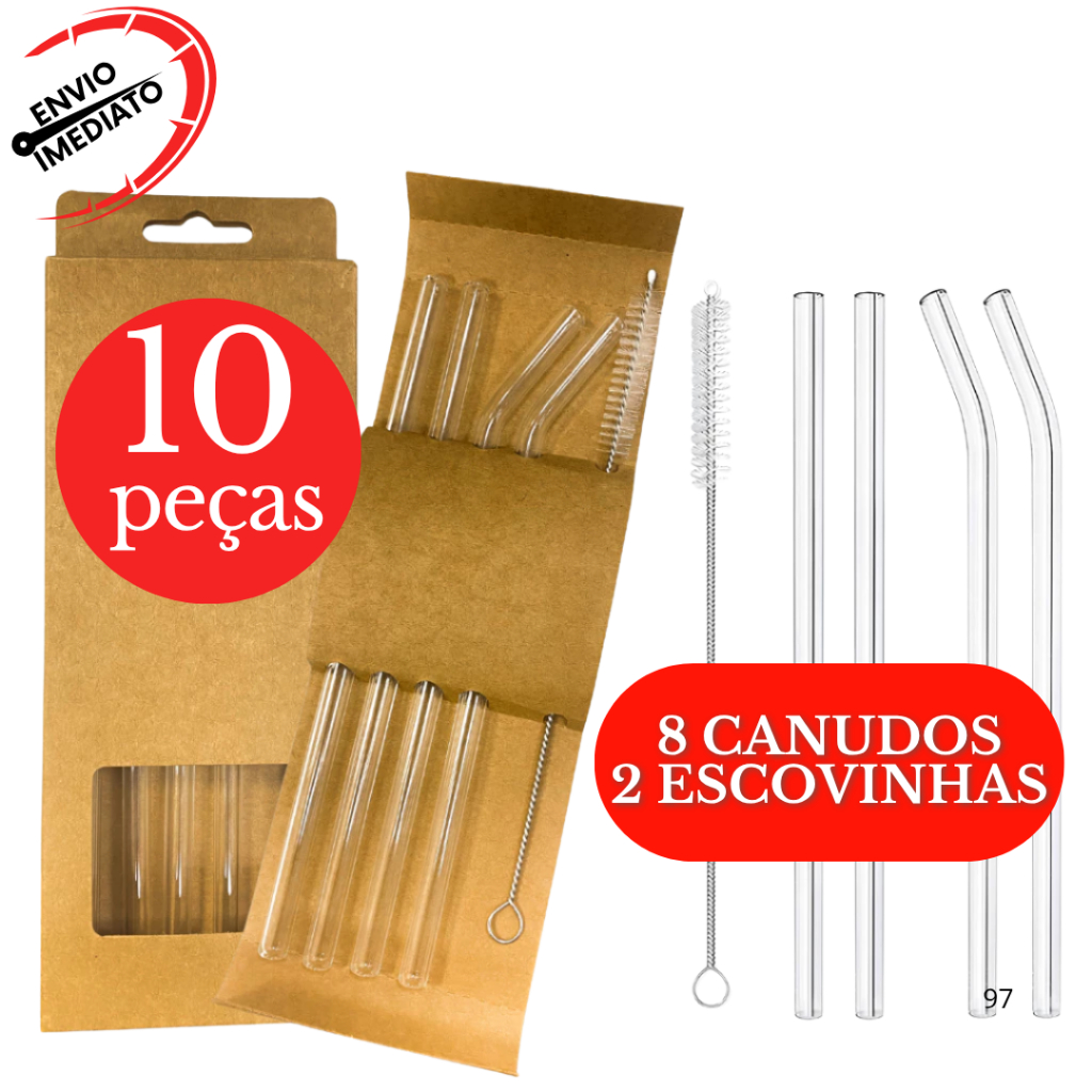 Kit Canudos De Vidro 2 Curvados 2 Retos Com Escova Fácil Limpeza Reutilizáveis Ecológicos Drinks
