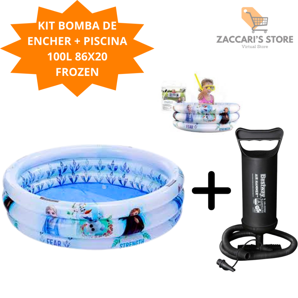 Kit Piscina 100 Litros Infantil Frozen 3 Aneis + Bomba De Encher Para Crianças
