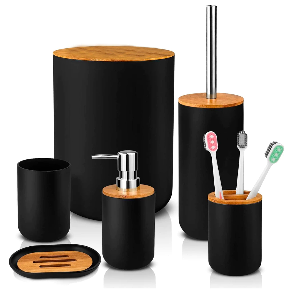 Kit Banheiro Lavabo Conjunto Acessórios lixeira escova 6 Peças Bambu Luxo Preto/Branco