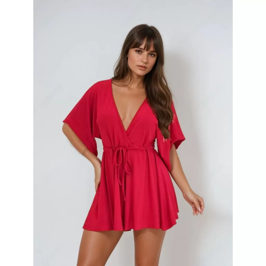 Macaquinho Feminino Transpassado em Viscolycra  Cinto Ajustável, Manga Solta