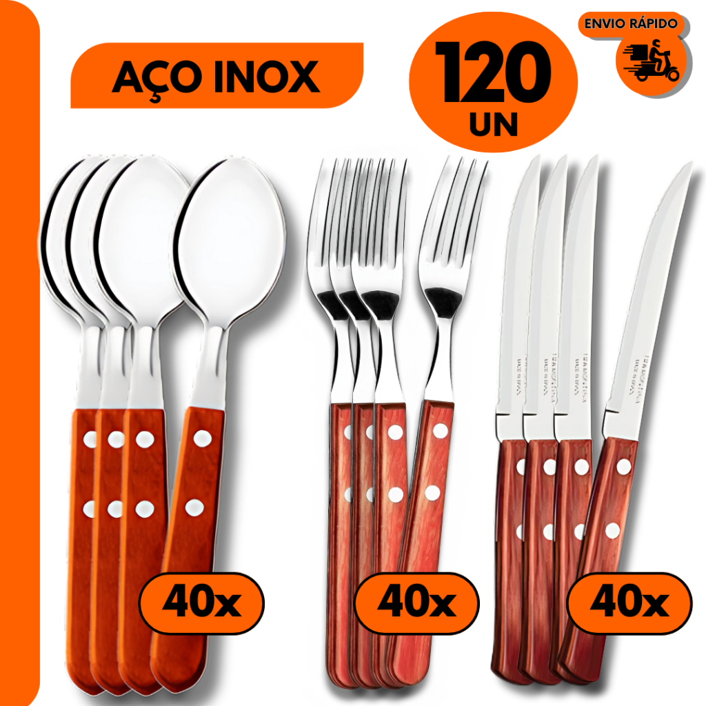 Kit 120- Talher Garfos Facas e Colher Cabo de Madeira Inox Churrasco Bar Restaurante Churrascaria