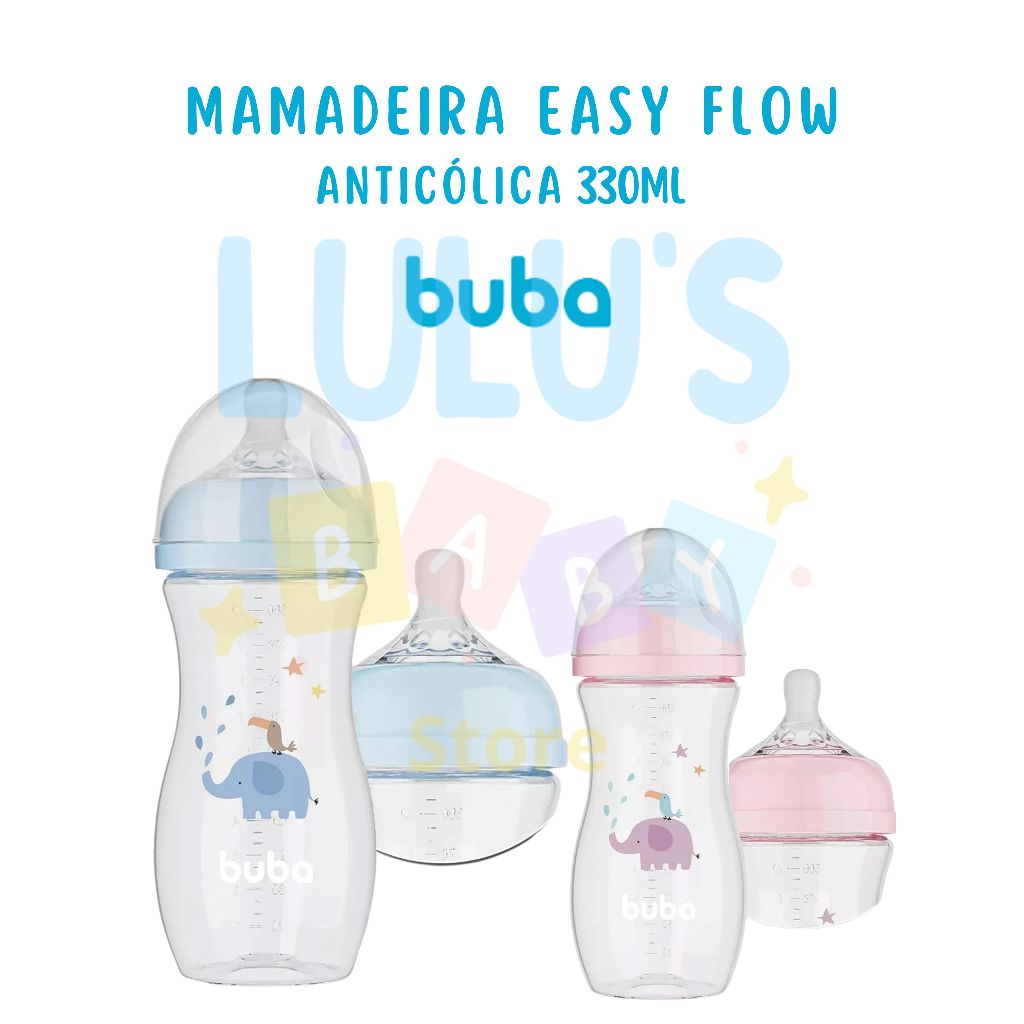 Mamadeira BUBA Easy Flow Anti-cólica 4+ 330ML  ROSA / AZUL – Elefante , Bebe  – Bico Fluxo Tamanho 3