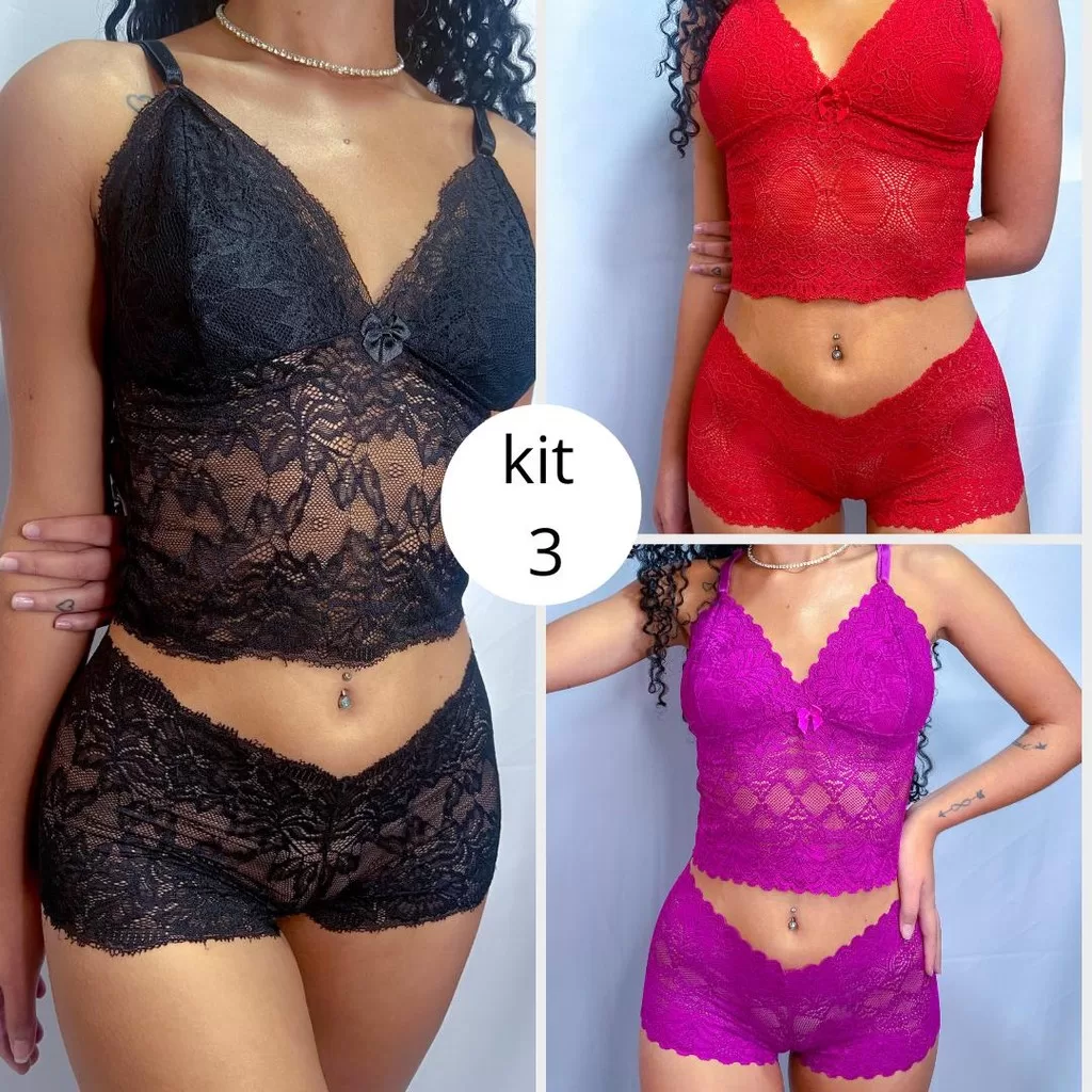 Kit 3 Conjunto de Renda Lingerie Espera Marido Feminino Sensual Sem Bojo Baby Doll Sexy