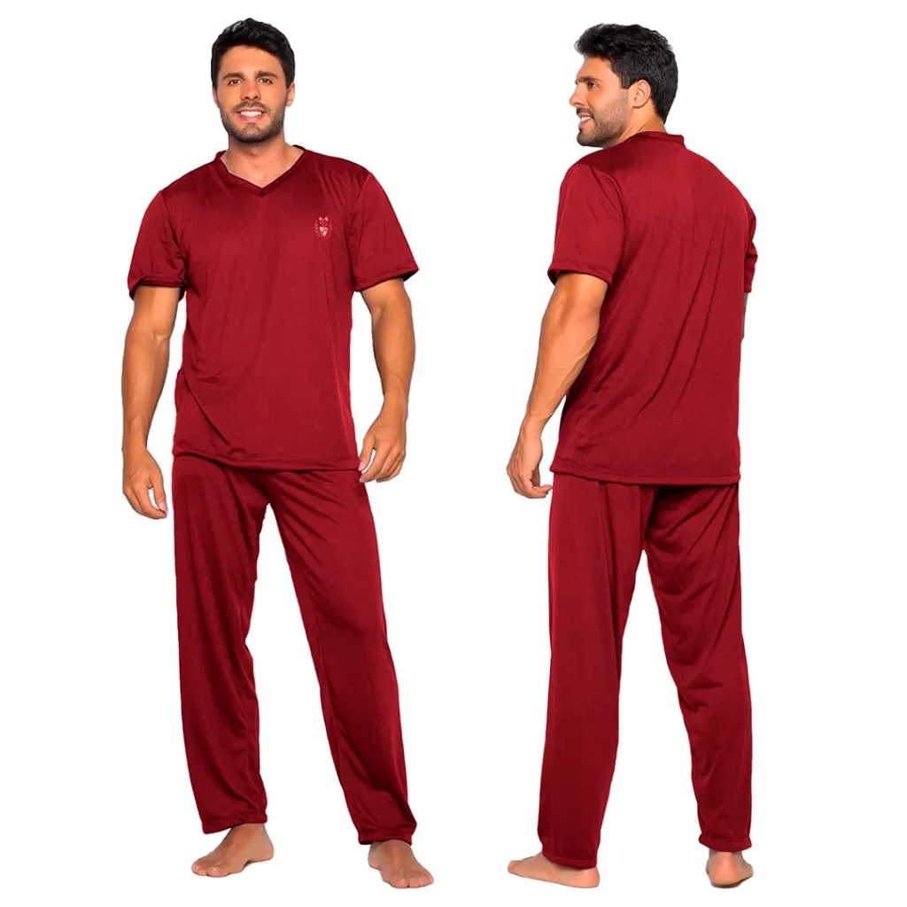 Pijama Liso Confortável Masculino Manga Curta Malha Traje de Dormir Elegante Inverno