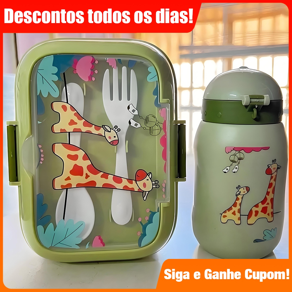 Kit Marmita Infantil com Talheres de Plástico e Garrafa de 400ml com Canudo Lancheira Escolar Creche