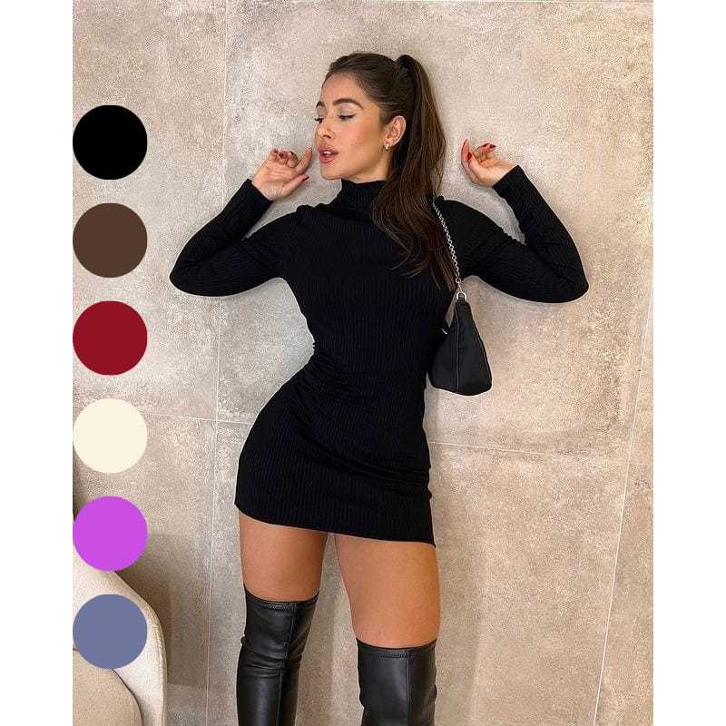 Vestido Manga Longa Gola Alta Feminino Anarruga Premium Tubinho Ajustado Moda Blogueira Inverno