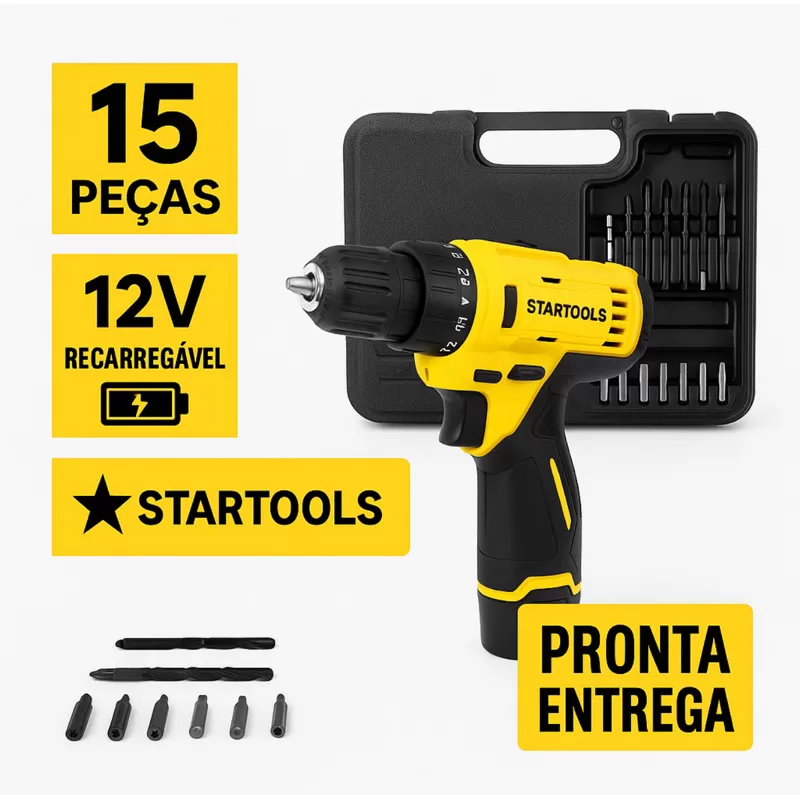 Parafusadeira Furadeira 12V Recarregável com Maleta e 15 Peças 127V Profissional e Doméstico