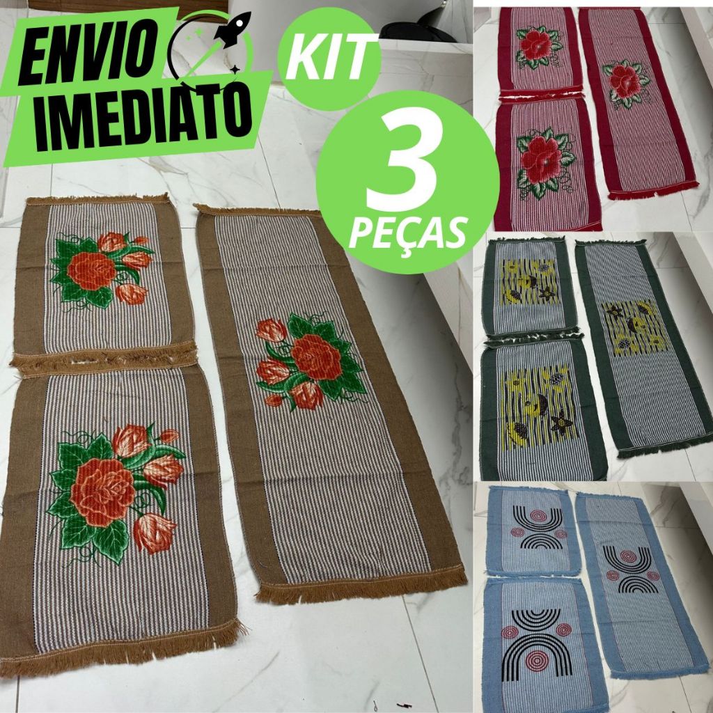 Kit 3 Tapete Banheiro Peças Algodão Macio Absorvente Jogo Tapetes Passadeira Tear Cozinha