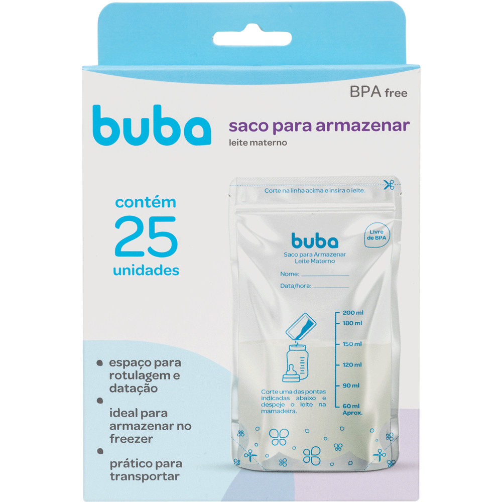 Saco para Leite Materno Buba 200ml Zíper Duplo Anti Vazamento para Congelar Envio Imediato