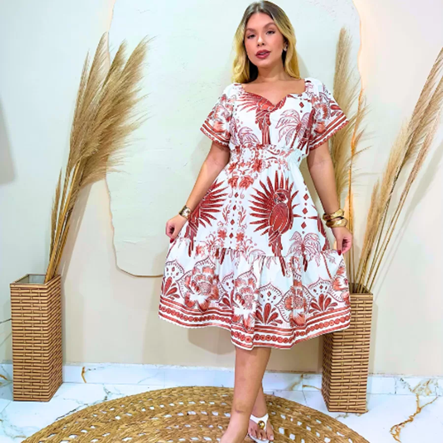 Vestido Feminino Corto Com Lastex na cintura Ajustável  Floral  Moda Feminina, Escote V, Ideal para