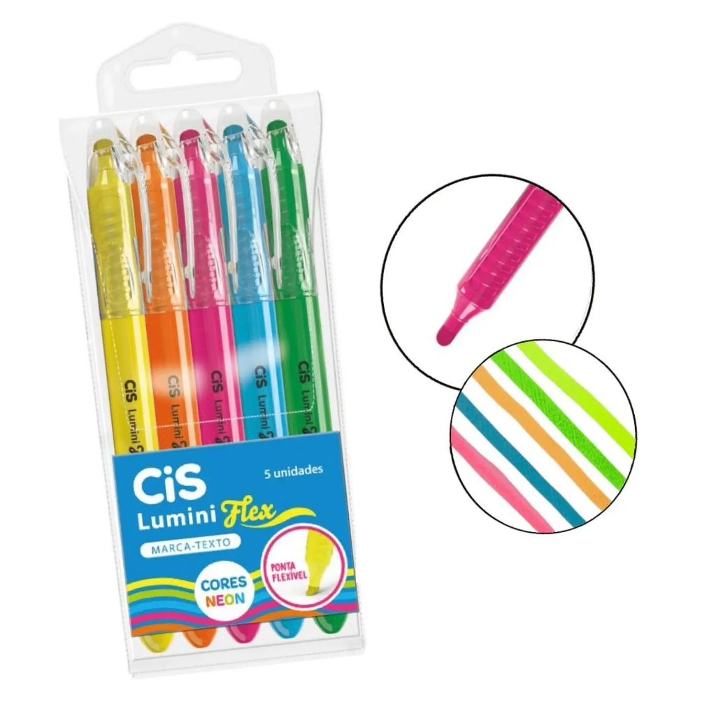 Caneta Marcador Destaca Texto CIS Lumini Flex – estojo 5 cores