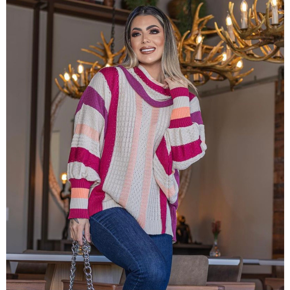 Blusa poncho de inverno modelo feminino gola alta colorido listras manga balão