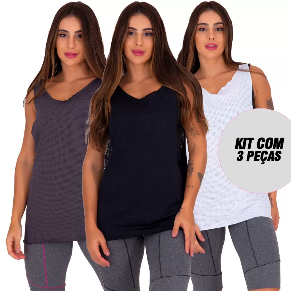 KIT 3 Regatas Feminina Verão Blusa Regata Dry Fit Absorve Suor