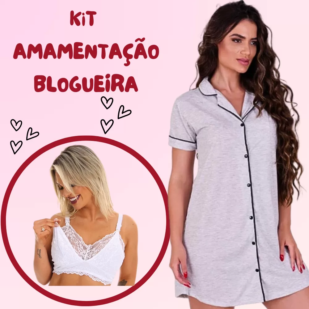 Kit Maternidade Blogueira Camisola Amamentação e Sutia Cinza Gestante Pós parto Saida de Maternidade