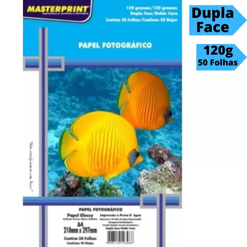 Papel Fotográfico Dupla face Foto 120g A4 Glossy Brilhante Resistente a Água 50 Folhas Masterprint