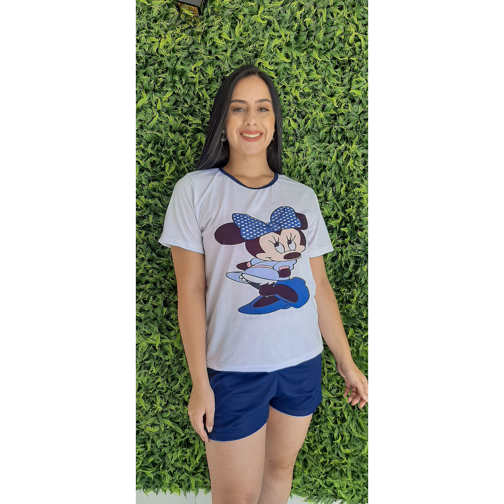 Pijama Feminino Adulto Fresco Short Doll Minnie Curto De Verão