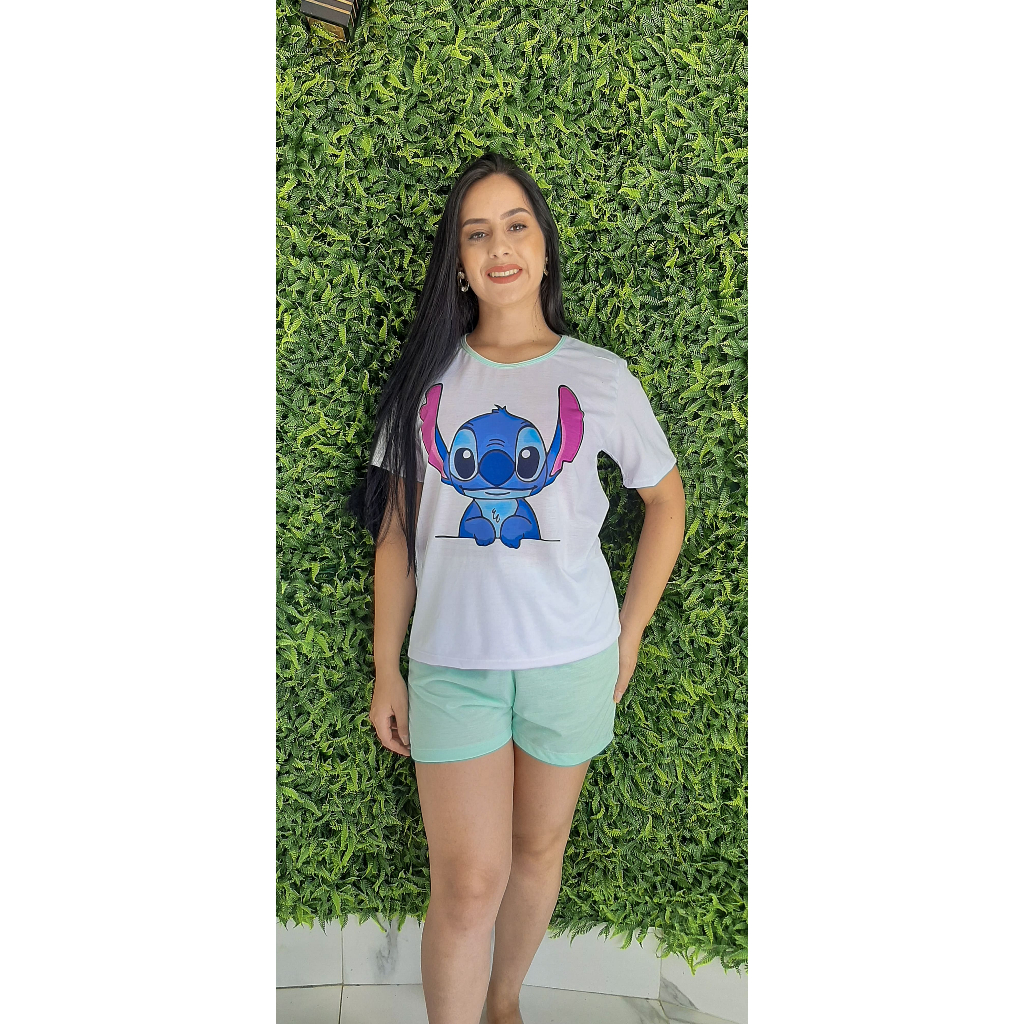 Pijama Feminino Adulto De Calor Animado Desenho Stitch Manga Curta Curto De Verão