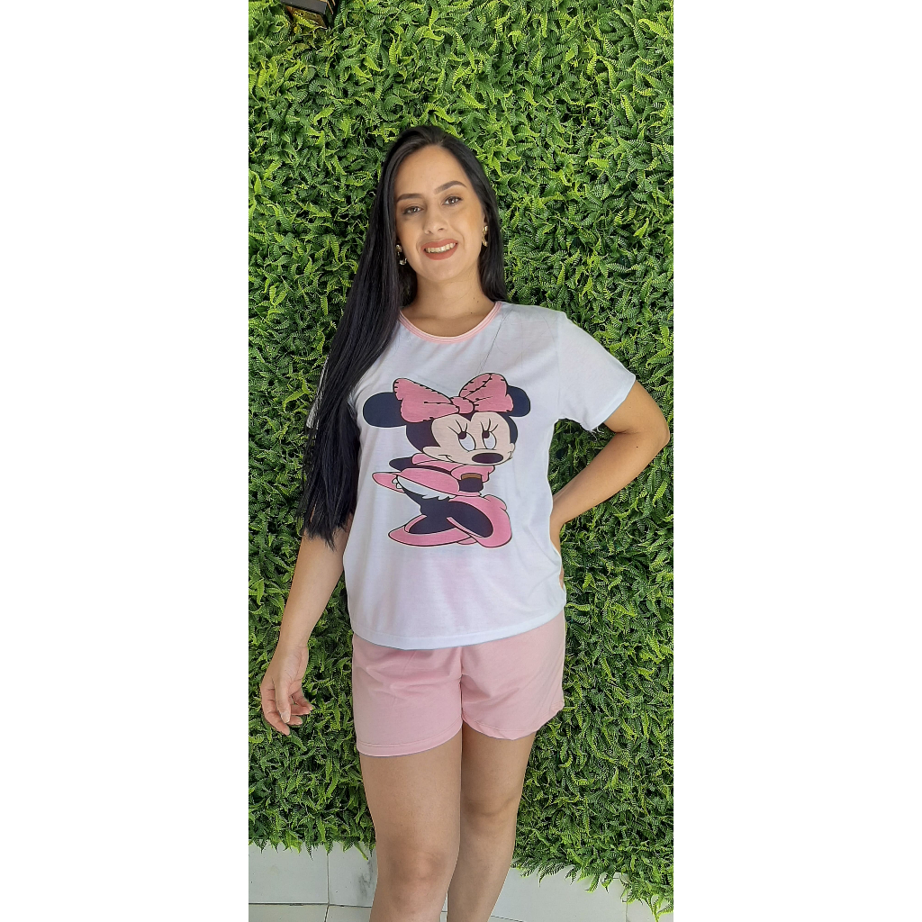 Pijama Feminino Adulto Com Manga Curta Curto De Verão Animado Minnie