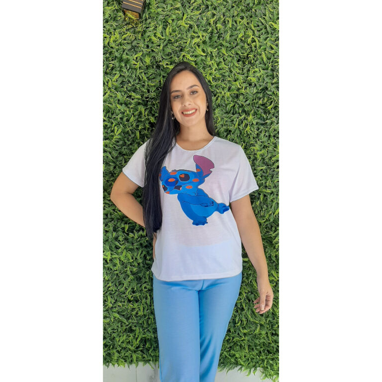 Pijama Feminino Adulto Stitch Desenho Meia Estaç