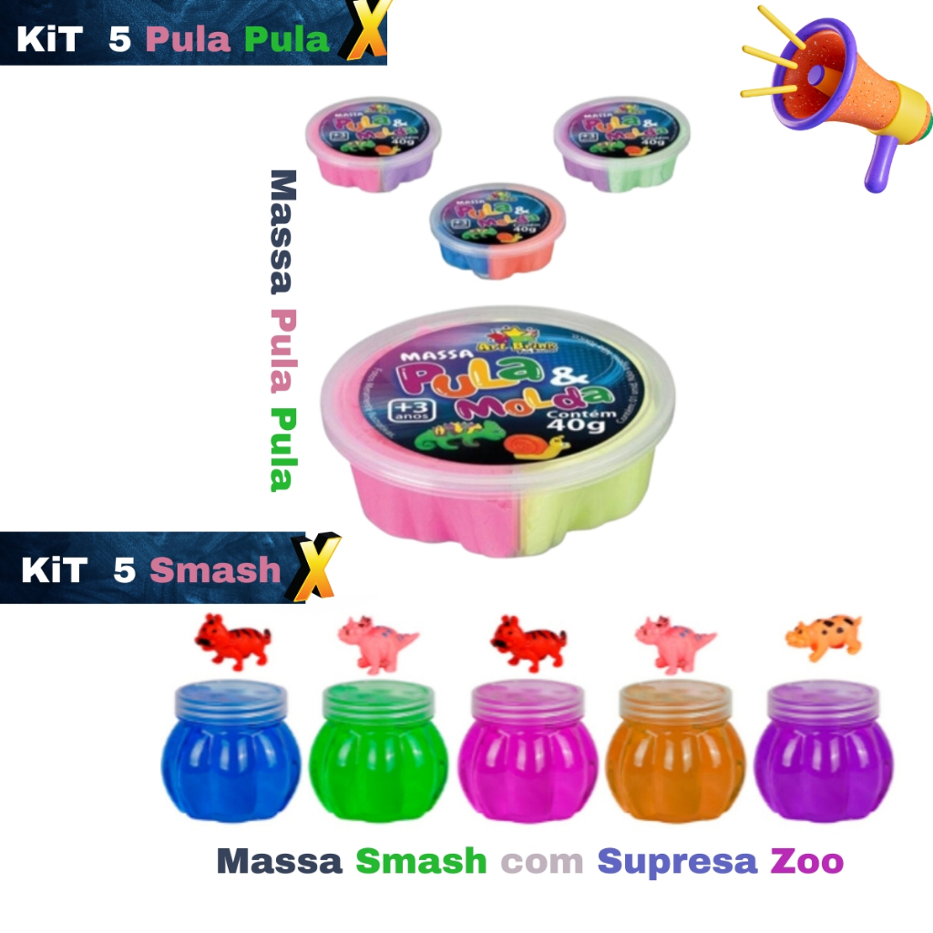 Kits 5 Massa Pula e Molda 40g + Diversão Incrível + 5 Surpresas Zoo