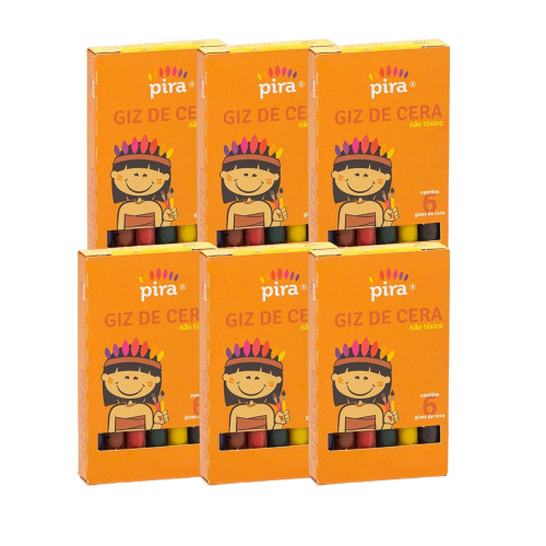Kit com 06 Caixas Giz de Cera Escolar com 6 Cores 