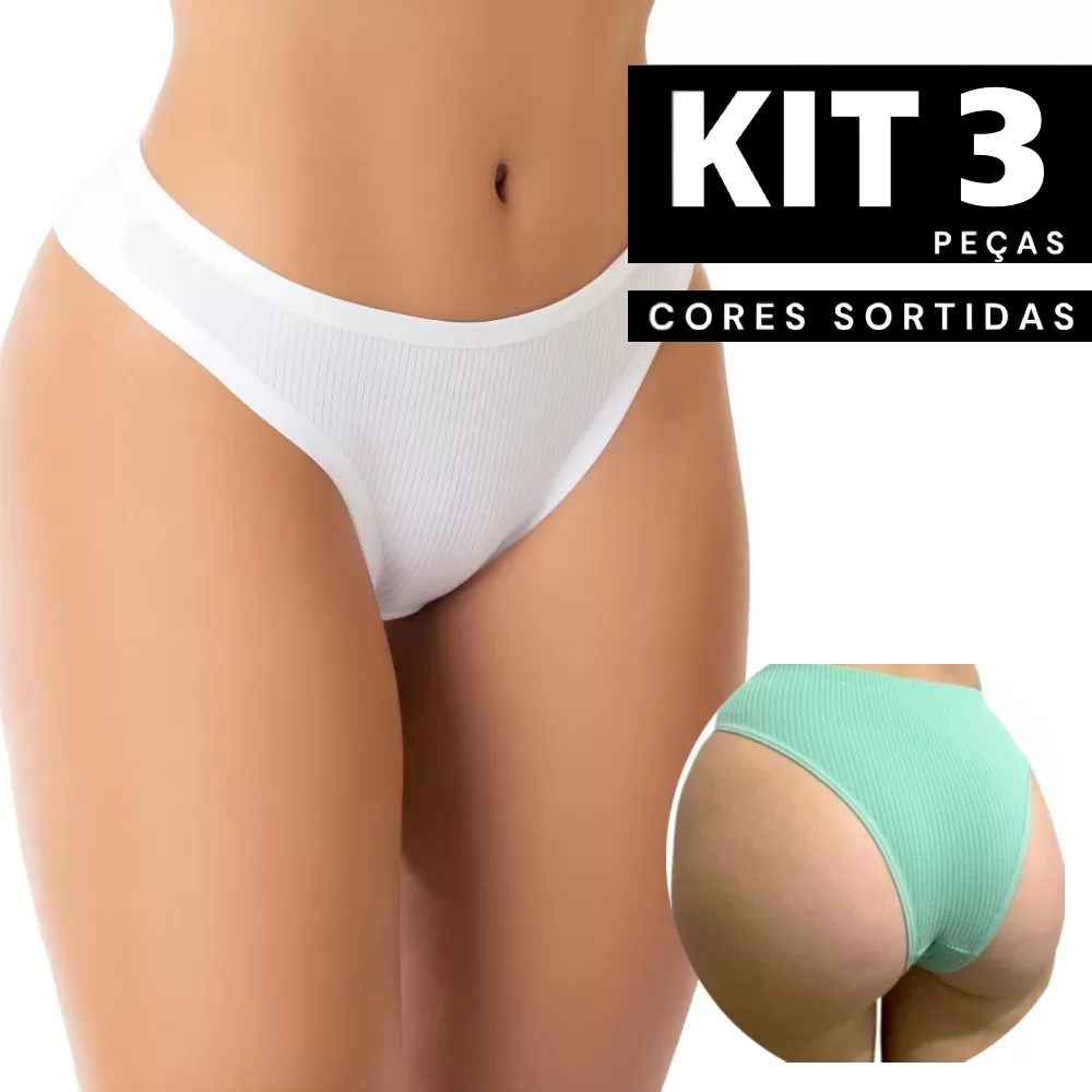 Kit 1 à 3 Calcinha Básica Canelada Feminina Confortável e Respirável