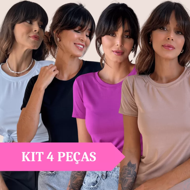 Kit 4 Peças Blusa Feminina Camiseta Basica Gola R