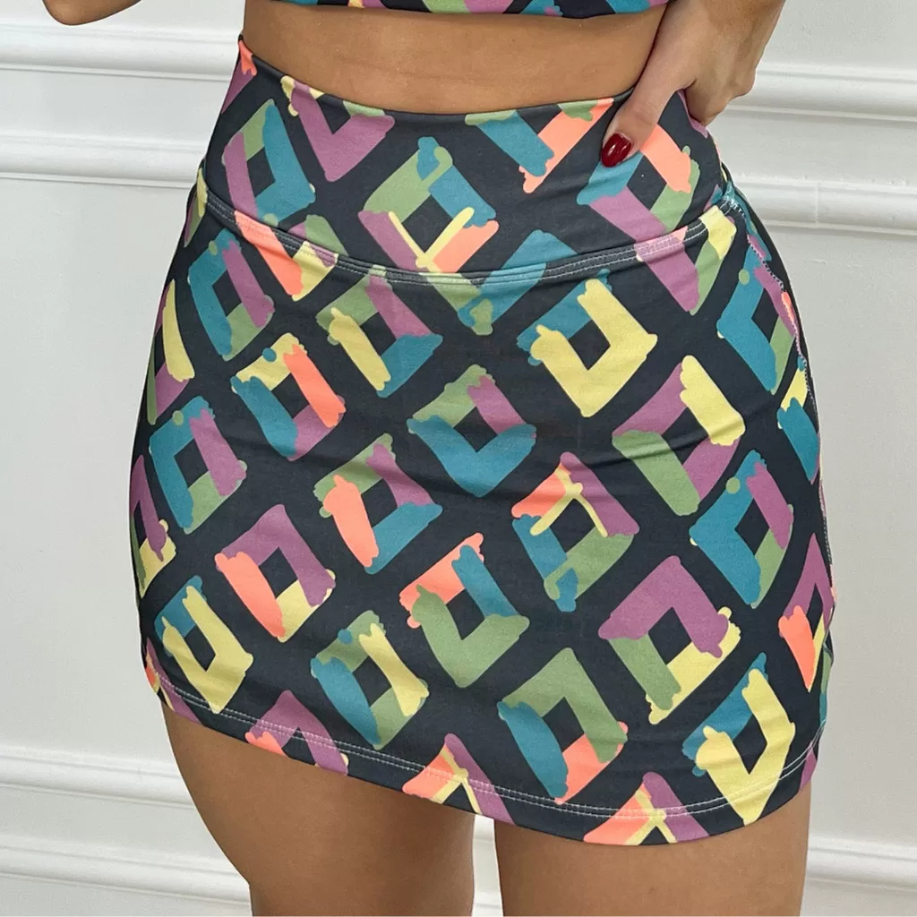 Short Saia Feminino Cintura Alta Suplex Esportivo Academia Fitness Estampada Quadriculado