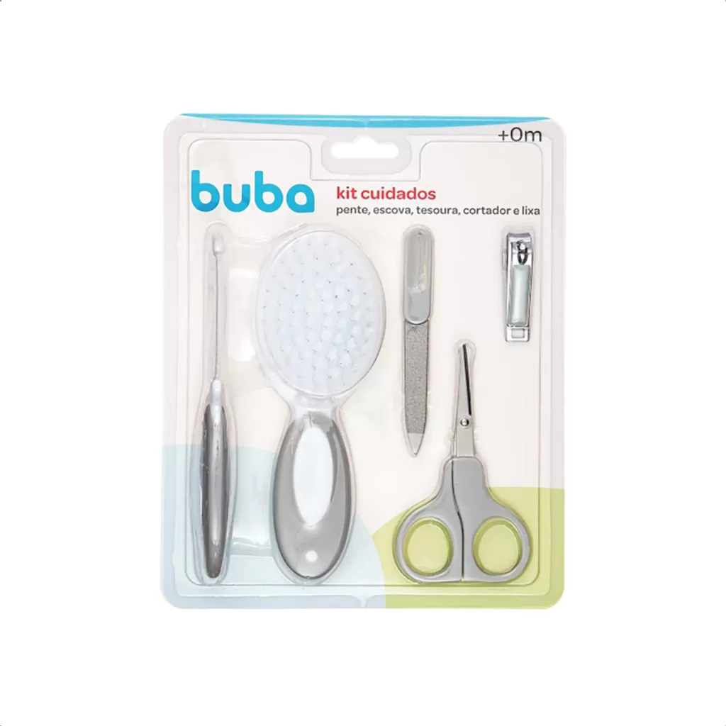 Kit Completo Cuidados Bebê Buba Escova Pente Cortador de Unha Lixa e Tesourinha Higiene Completa