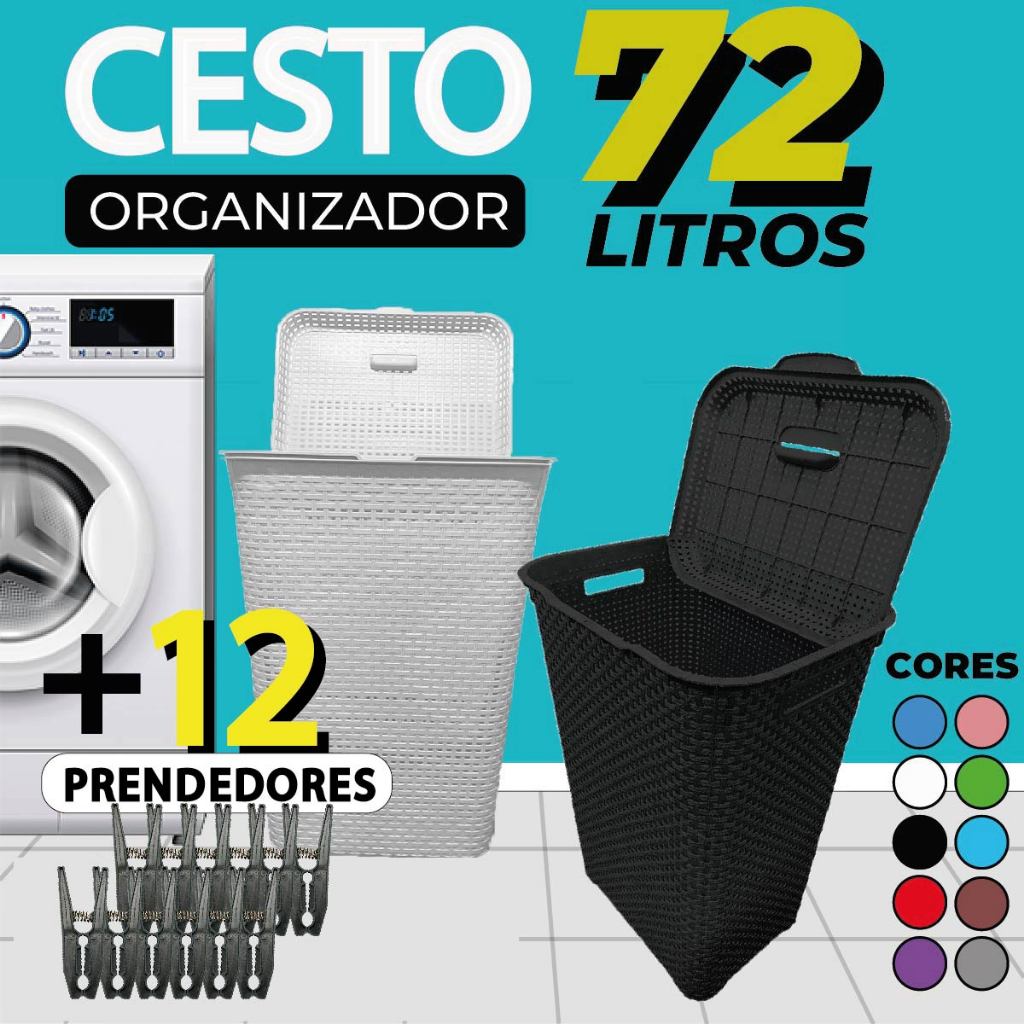 Cesto De Roupa Suja 72 Litros Resistente Lavanderia Com Tampa Organizador Roupas Lavanderia Banheiro