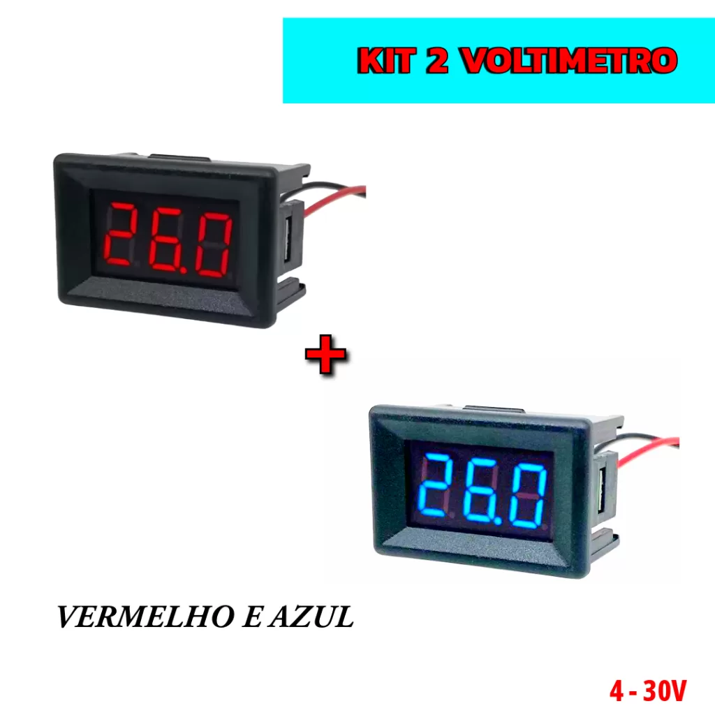 Kit 2 voltimetro digital vermelho e azul 0.36 medidor de voltagem