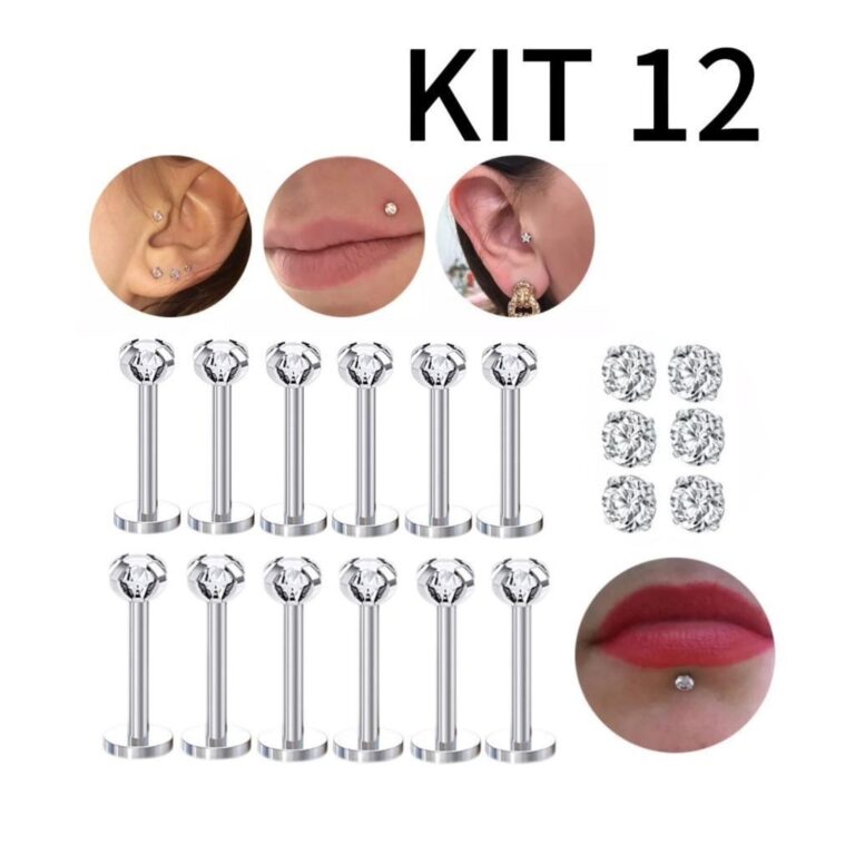 Kit 12 Piercing Labret Ponto De Luz (2.5mm) Helix 