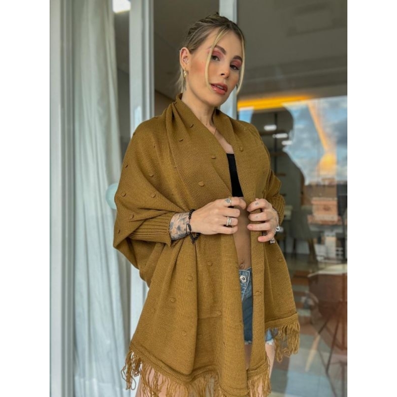 Chalé Capa Poncho Blusa Feminina Trico Manga Longa Inverno