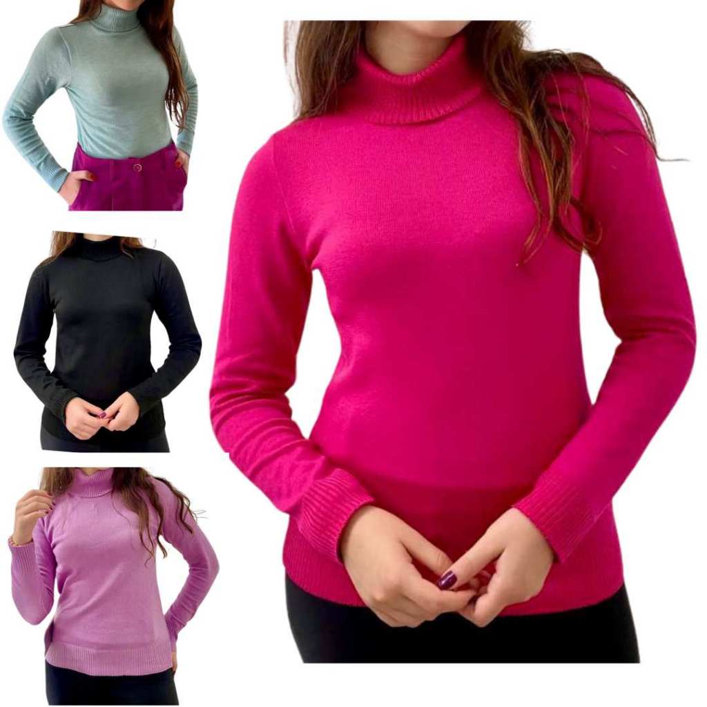 Blusa Feminina Elegante Tricot Gola Alta Feminino Manga Longa Gola Rolê Cacharrel Básica